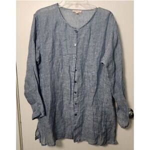 Eileen Fisher 100% Italian Linen Blue Button Down Top Tunic Pockets Med Lrg‎